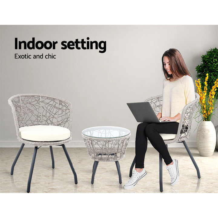 3 Piece Wicker Outdoor Bistro Set - Grey - Homecoze