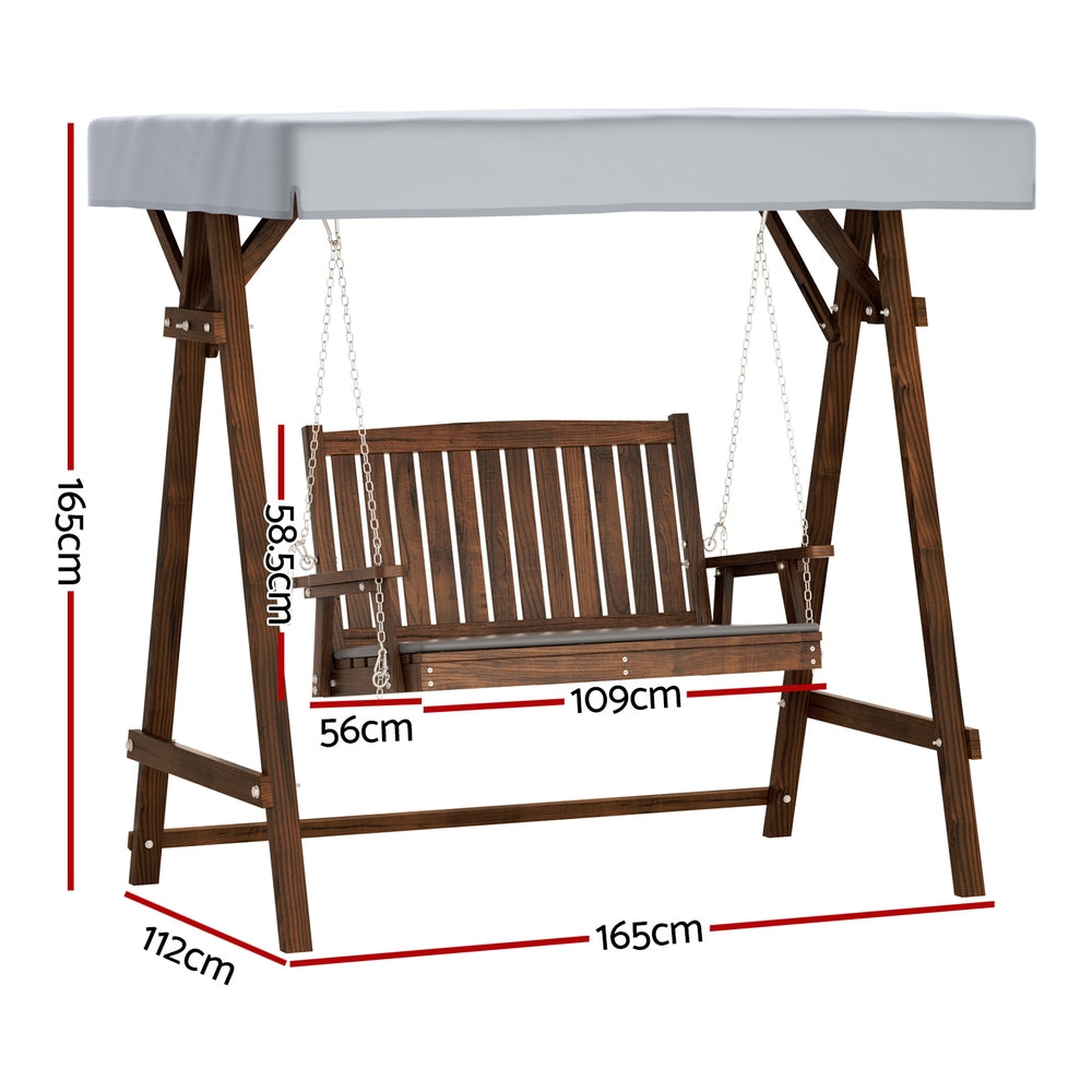 Outdoor Wooden Swing Chair 2 Seater Bench Seat with Canopy - Brown & Charcoal - Homecoze