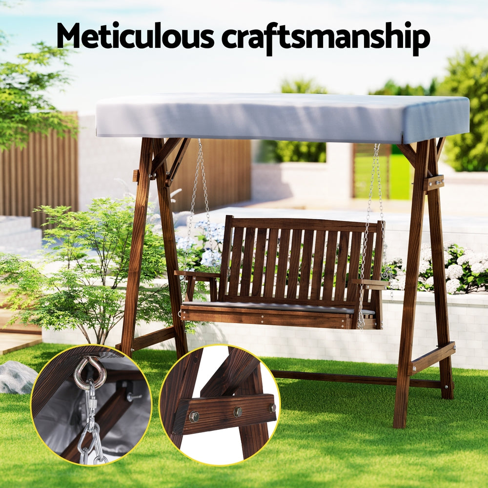 Outdoor Wooden Swing Chair 2 Seater Bench Seat with Canopy - Brown & Charcoal - Homecoze