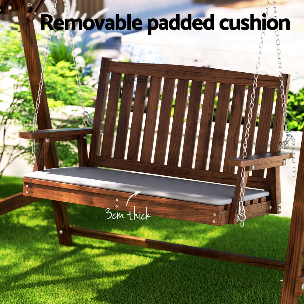 Outdoor Wooden Swing Chair 2 Seater Bench Seat with Canopy - Brown & Charcoal - Homecoze