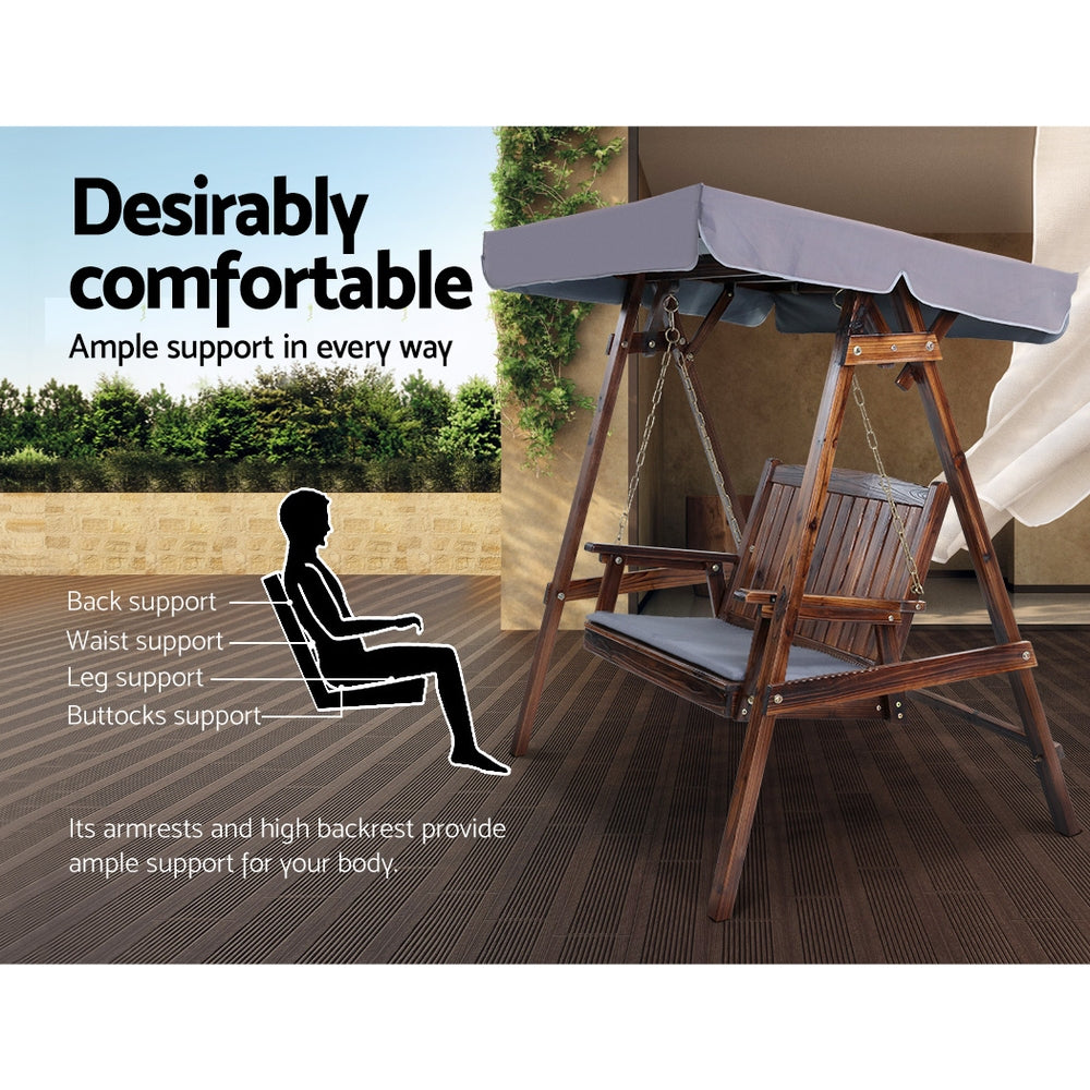Outdoor Wooden Swing Chair 2 Seater Bench Seat with Canopy - Brown & Charcoal - Homecoze
