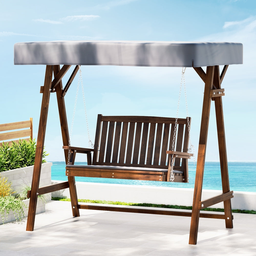 Outdoor Wooden Swing Chair 2 Seater Bench Seat with Canopy - Brown & Charcoal - Homecoze
