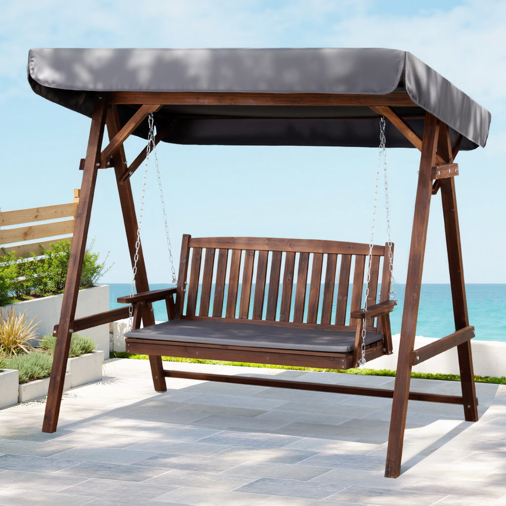 Outdoor Wooden Swing Chair 3 Seater Bench Seat with Canopy - Brown & Charcoal - Homecoze