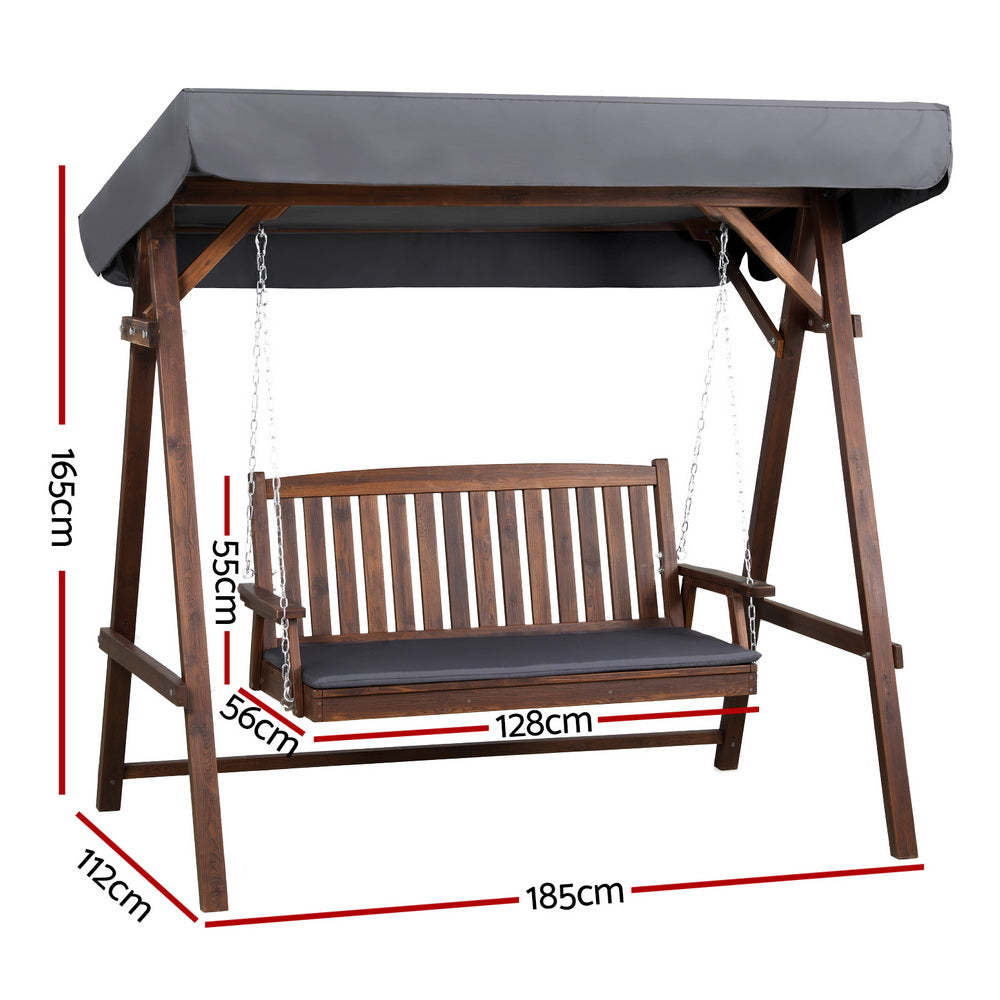 Outdoor Wooden Swing Chair 3 Seater Bench Seat with Canopy - Brown & Charcoal - Homecoze