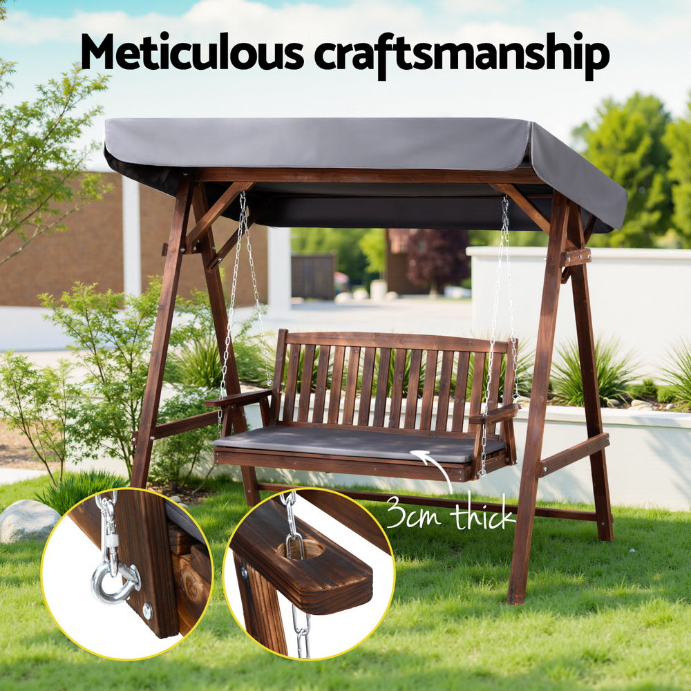 Outdoor Wooden Swing Chair 3 Seater Bench Seat with Canopy - Brown & Charcoal - Homecoze