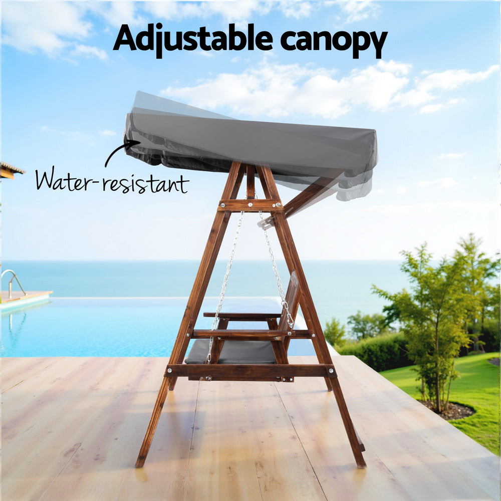 Outdoor Wooden Swing Chair 3 Seater Bench Seat with Canopy - Brown & Charcoal - Homecoze
