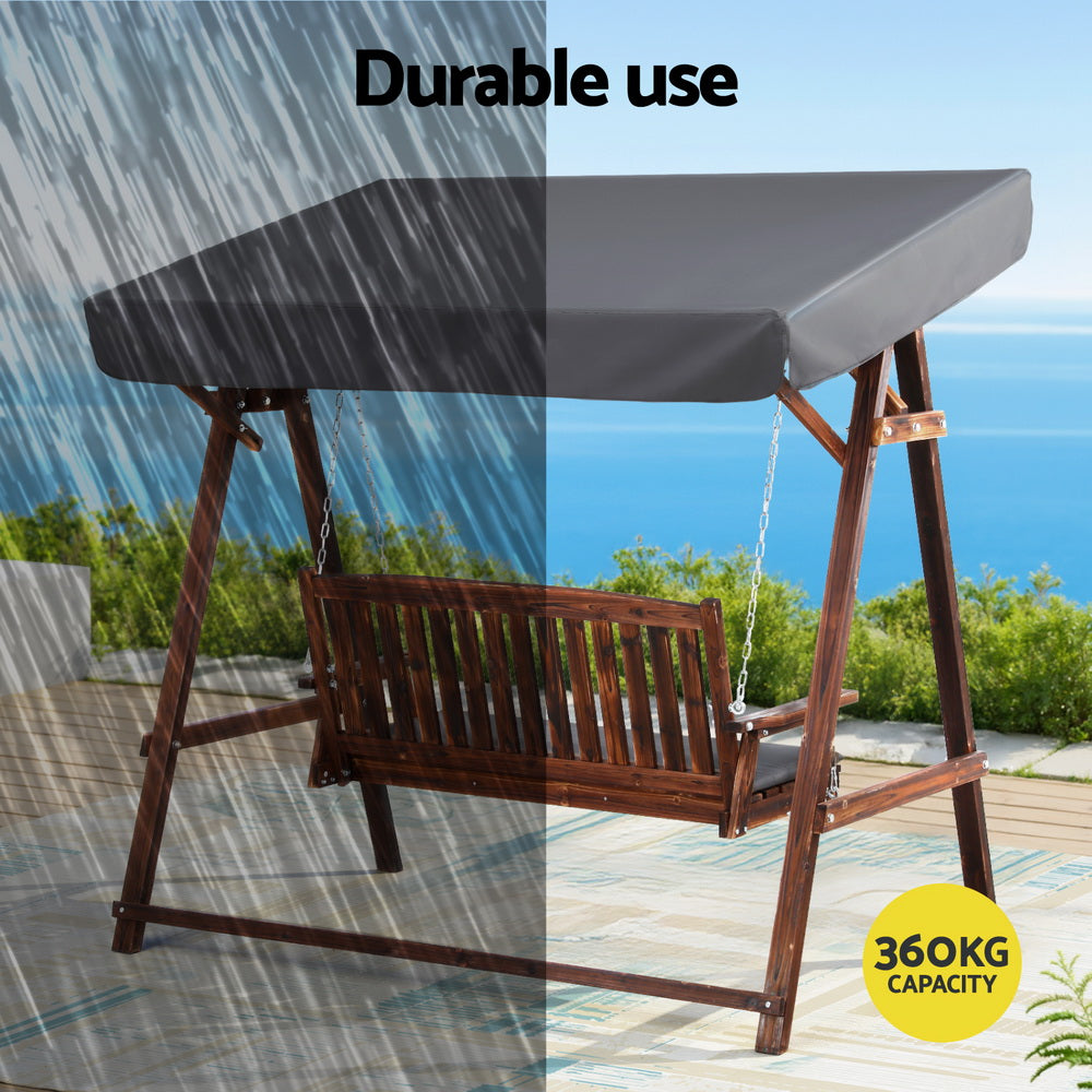 Outdoor Wooden Swing Chair 3 Seater Bench Seat with Canopy - Brown & Charcoal - Homecoze