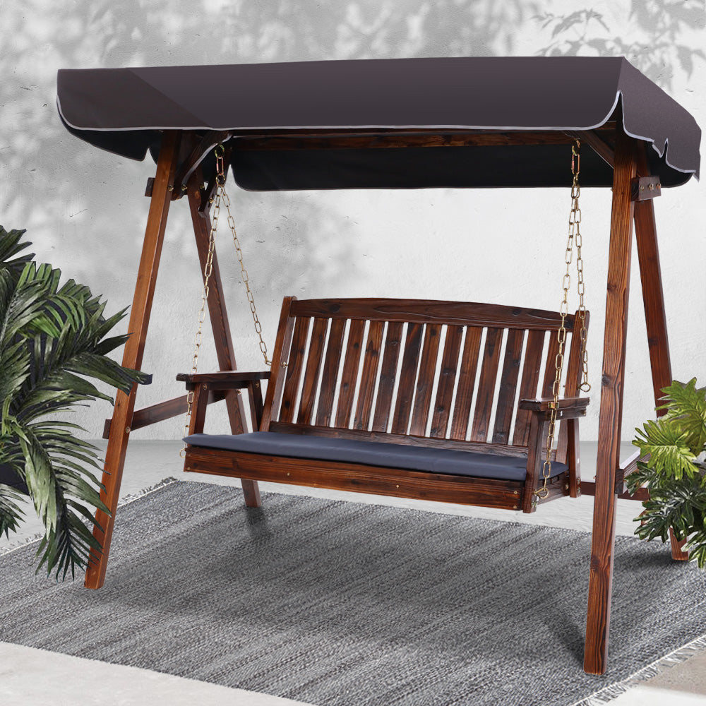 Outdoor Wooden Swing Chair 3 Seater Bench Seat with Canopy - Brown & Charcoal - Homecoze