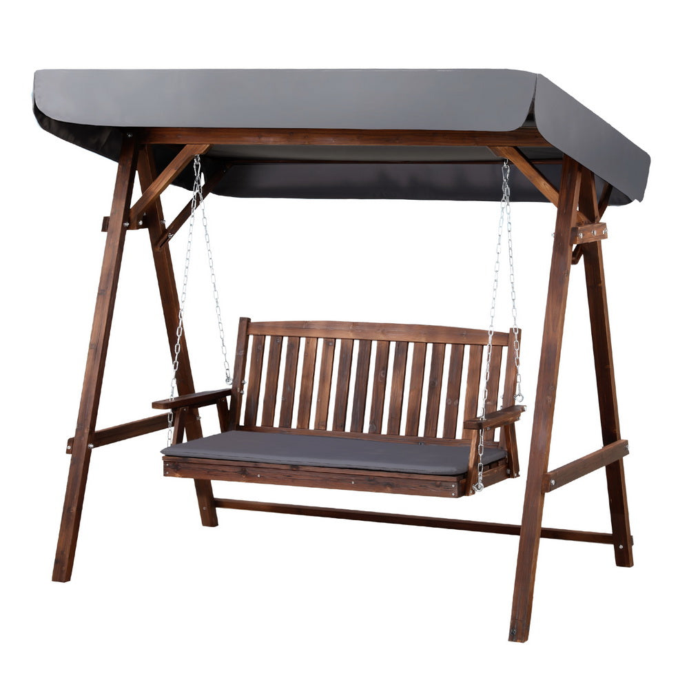 Outdoor Wooden Swing Chair 3 Seater Bench Seat with Canopy - Brown & Charcoal - Homecoze
