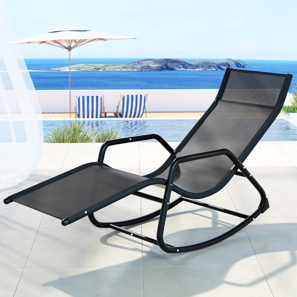 Outdoor Rocking Sun Lounge Chair Outdoor Patio Pool Lounger - Black - Homecoze