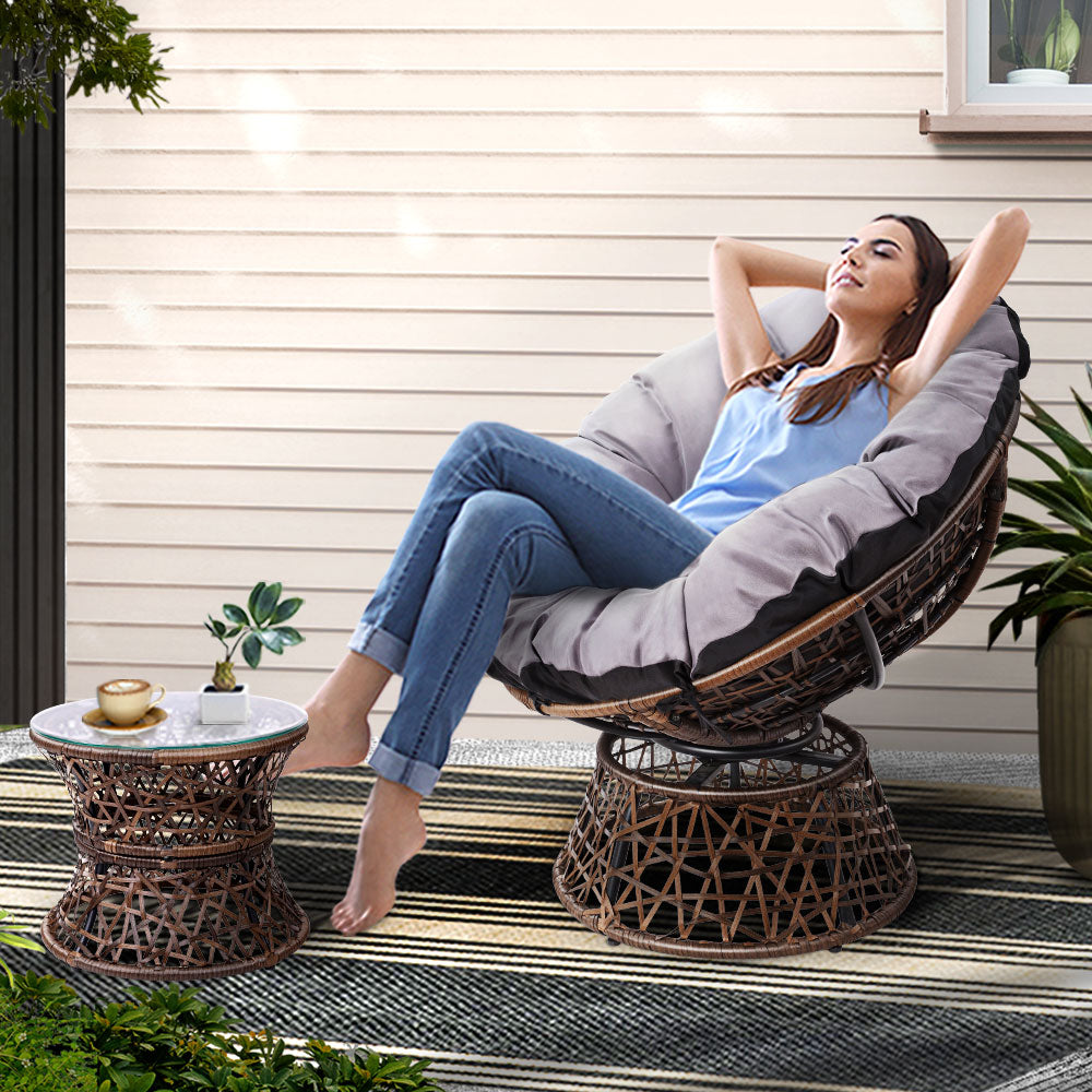 Papasan Outdoor Chair with Side Table - Brown
