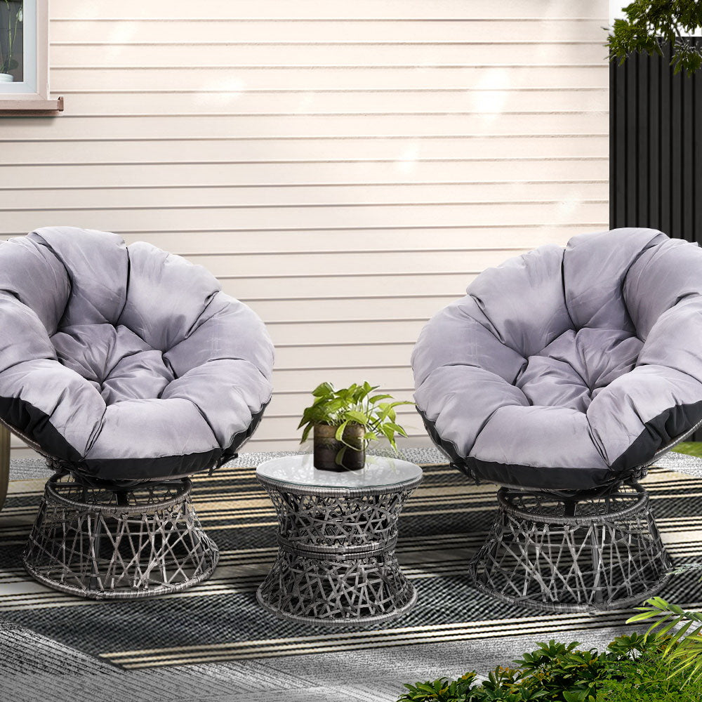 Papasan (Set of 2) Outdoor Chairs with Side Table - Grey - Homecoze