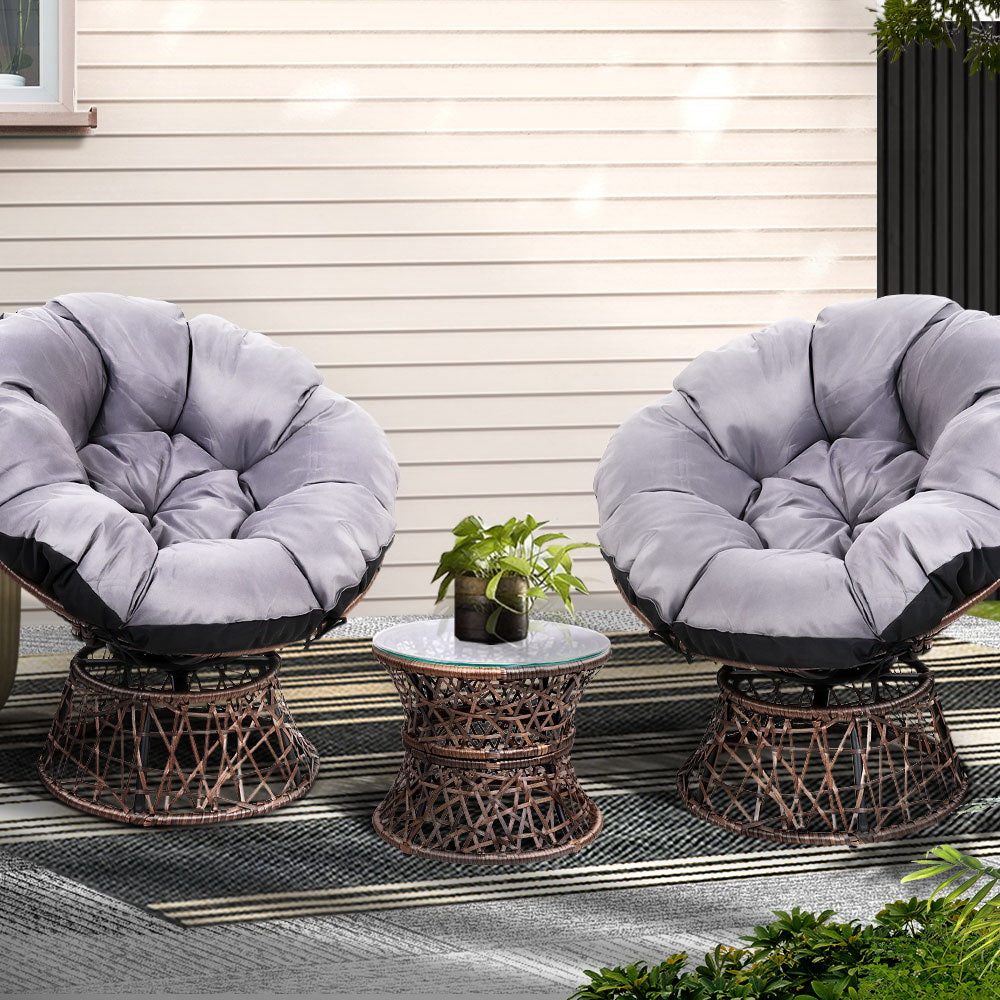 Papasan (Set of 2) Outdoor Chairs with Side Table - Brown - Homecoze