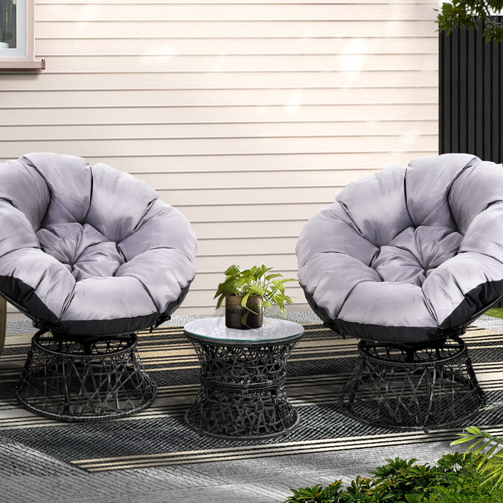 Papasan (Set of 2) Outdoor Chairs with Side Table - Black - Homecoze
