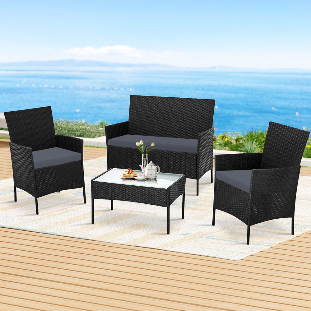 4PC Wicker Outdoor Patio Table & Chair Set - Black - Homecoze