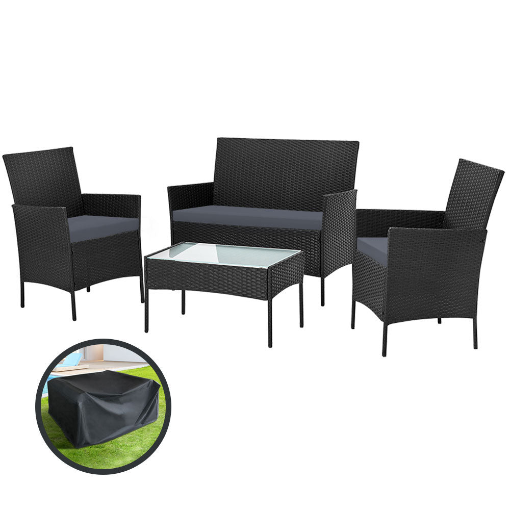 4PC Wicker Outdoor Patio Table & Chair Set with Storage Cover - Black/Grey - Homecoze