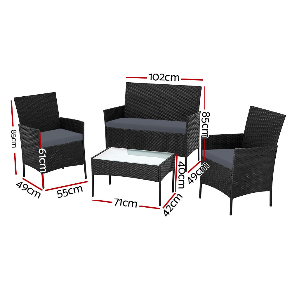 4PC Wicker Outdoor Patio Table & Chair Set with Storage Cover - Black/Grey - Homecoze