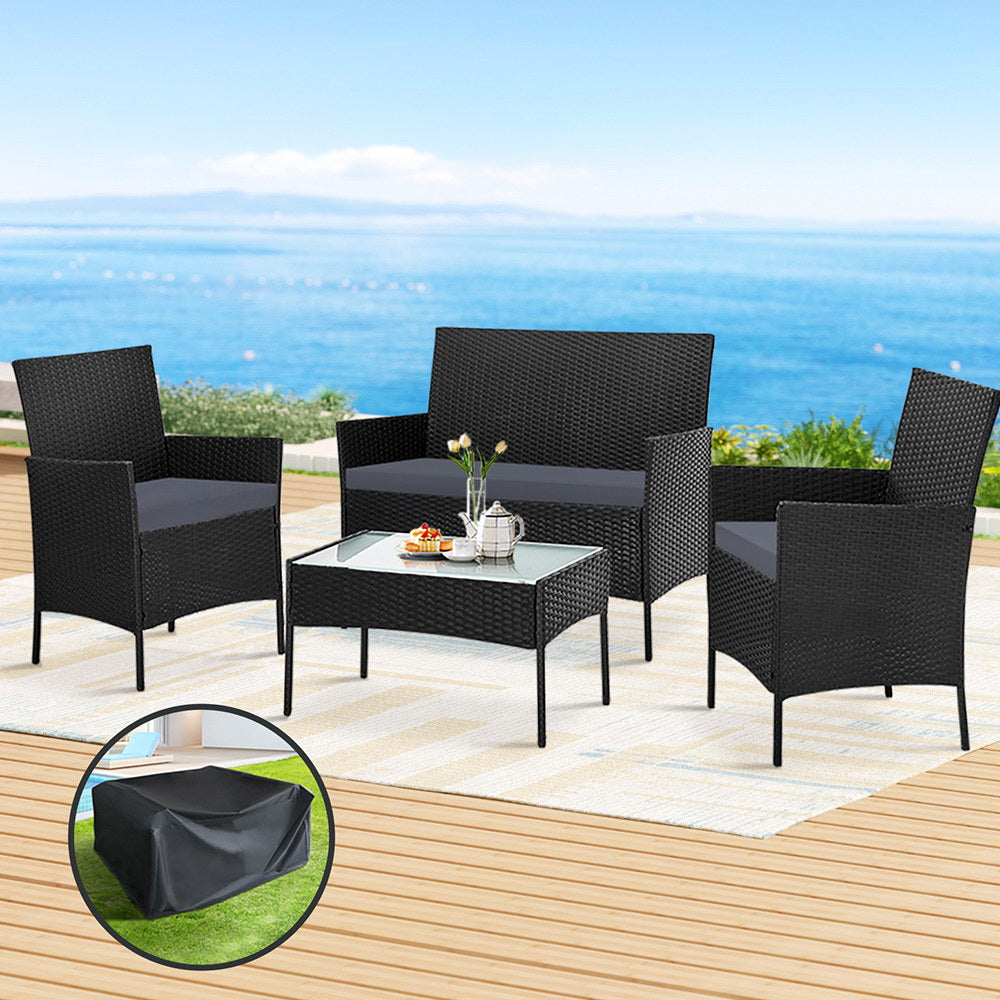 4PC Wicker Outdoor Patio Table & Chair Set with Storage Cover - Black/Grey - Homecoze