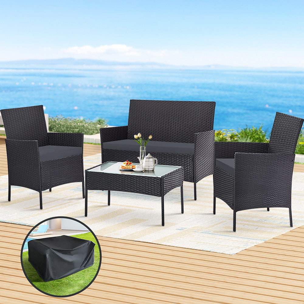 4PC Wicker Outdoor Patio Table & Chair Set with Storage Cover - Grey - Homecoze
