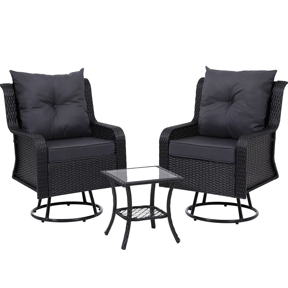 Set of 2 Wicker Swivel Chairs & Side Table Set - Black - Homecoze