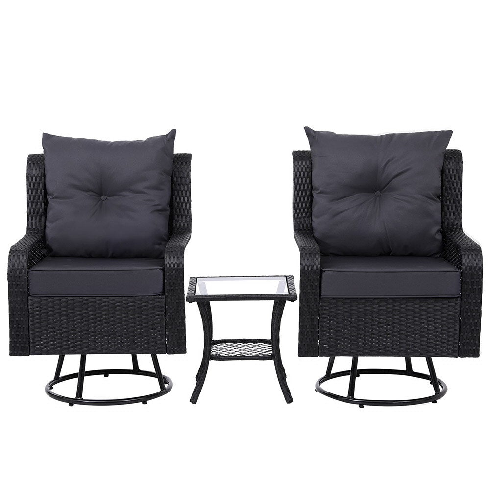 Set of 2 Wicker Swivel Chairs & Side Table Set - Black - Homecoze