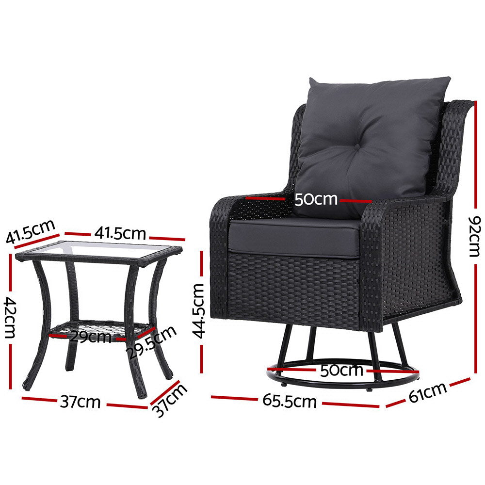 Set of 2 Wicker Swivel Chairs & Side Table Set - Black - Homecoze