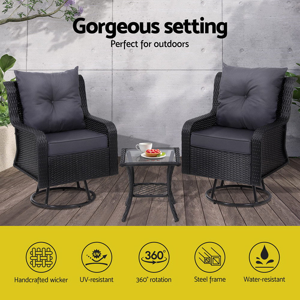 Set of 2 Wicker Swivel Chairs & Side Table Set - Black - Homecoze