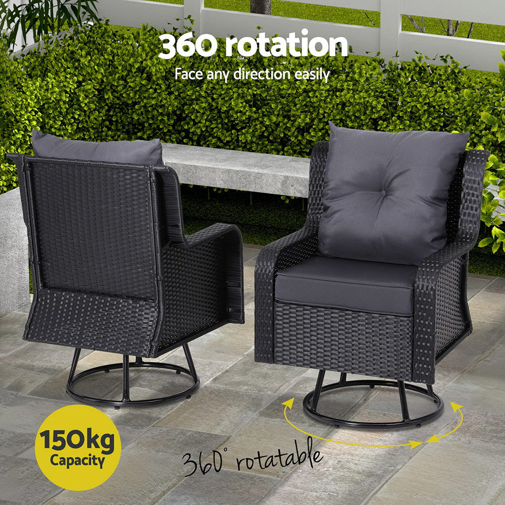 Set of 2 Wicker Swivel Chairs & Side Table Set - Black - Homecoze