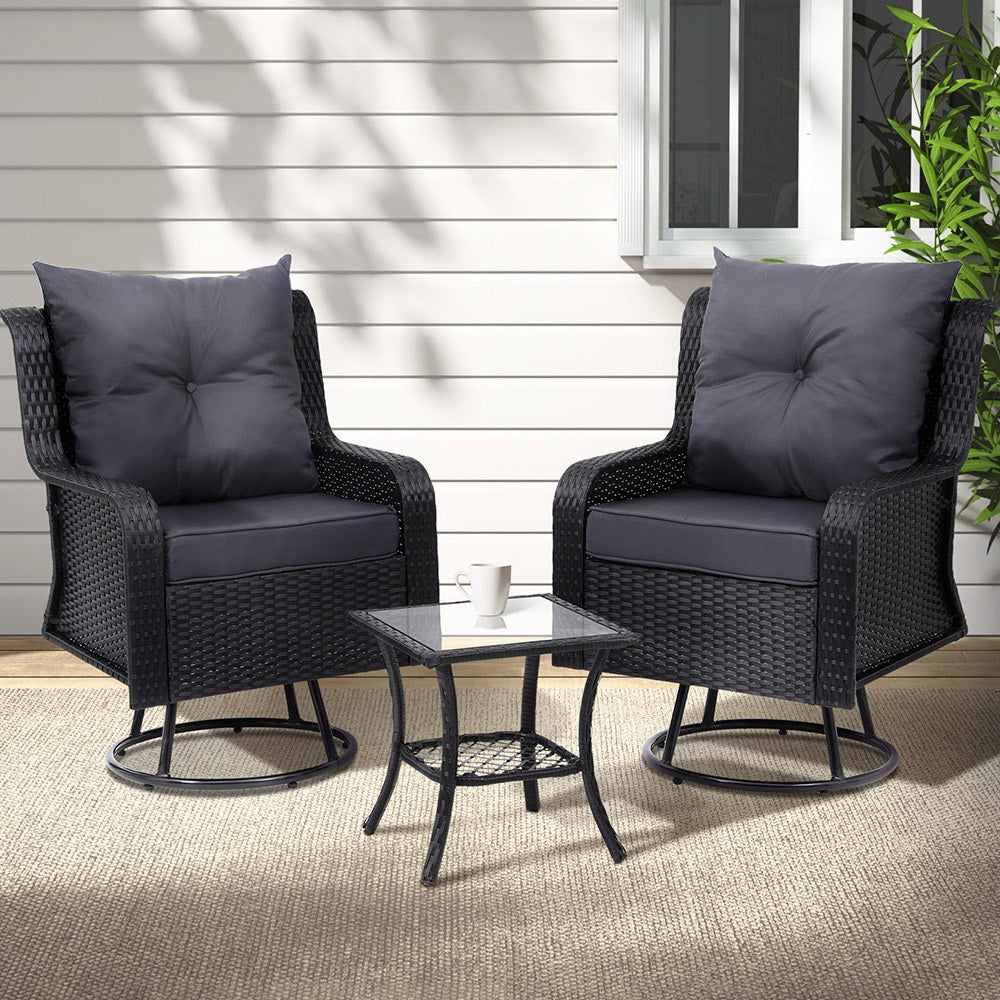 Set of 2 Wicker Swivel Chairs & Side Table Set - Black - Homecoze