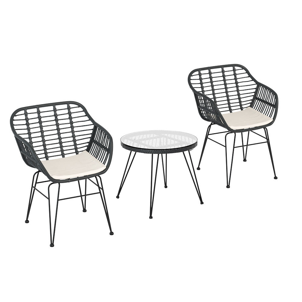 3PC Wicker Outdoor Bistro Table & Chair Set - Charcoal