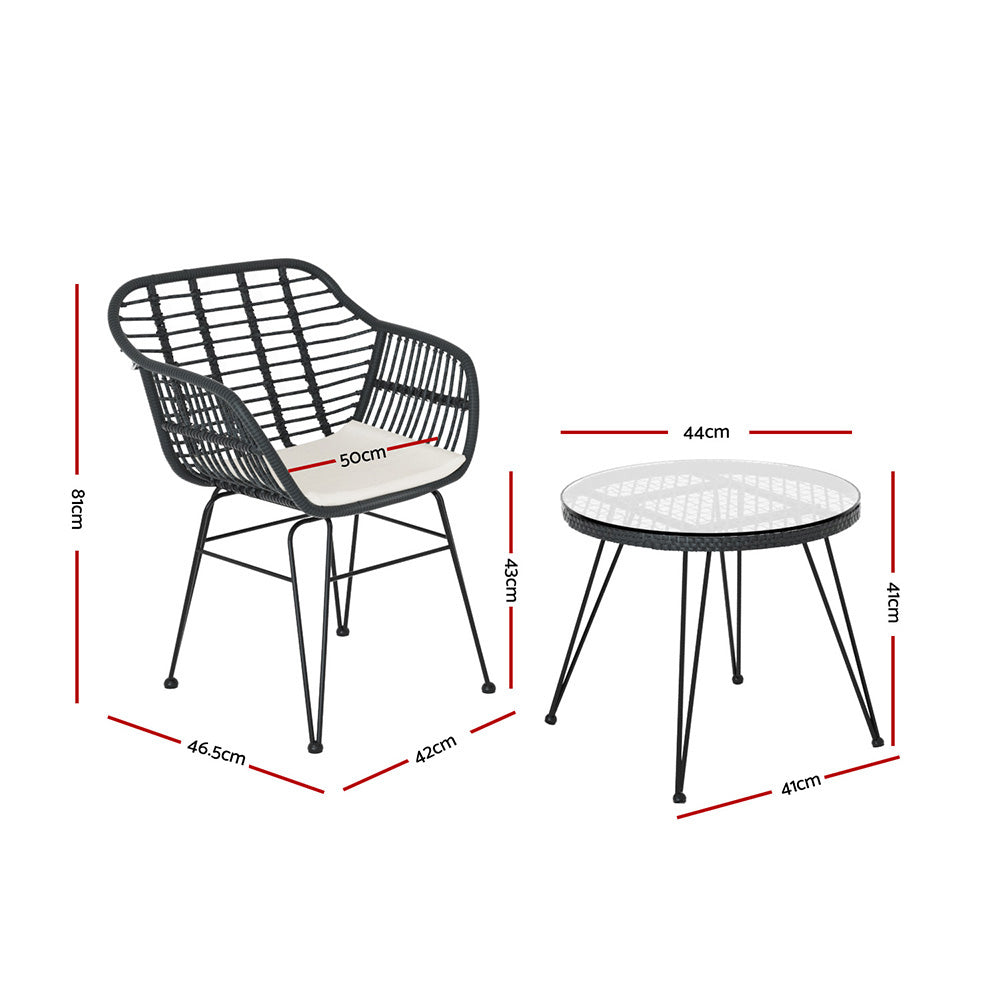 3PC Wicker Outdoor Bistro Table & Chair Set - Charcoal