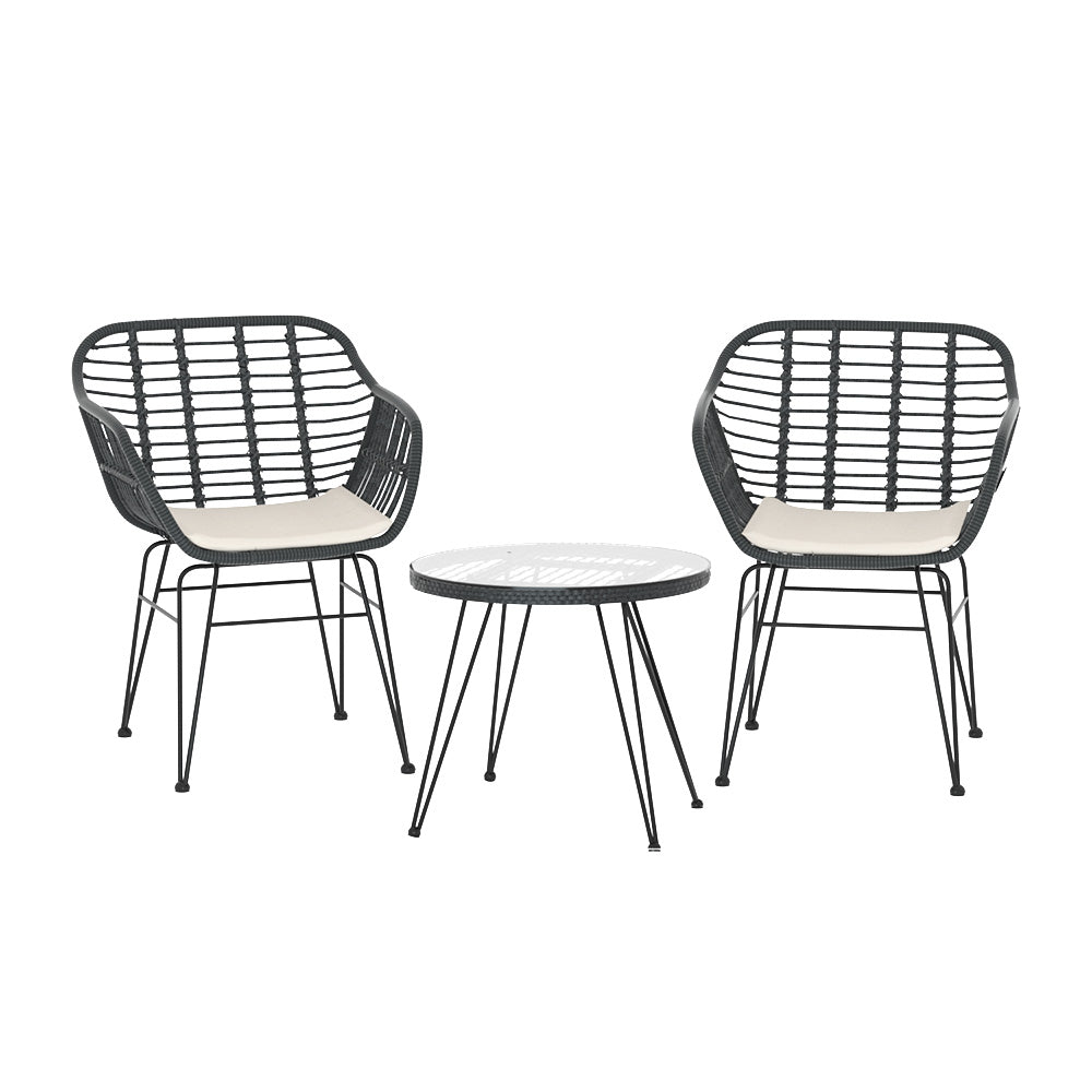 3PC Wicker Outdoor Bistro Table & Chair Set - Charcoal - Homecoze