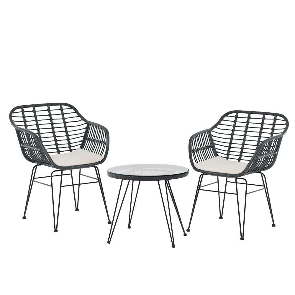 3PC Wicker Outdoor Bistro Table & Chair Set - Charcoal - Homecoze