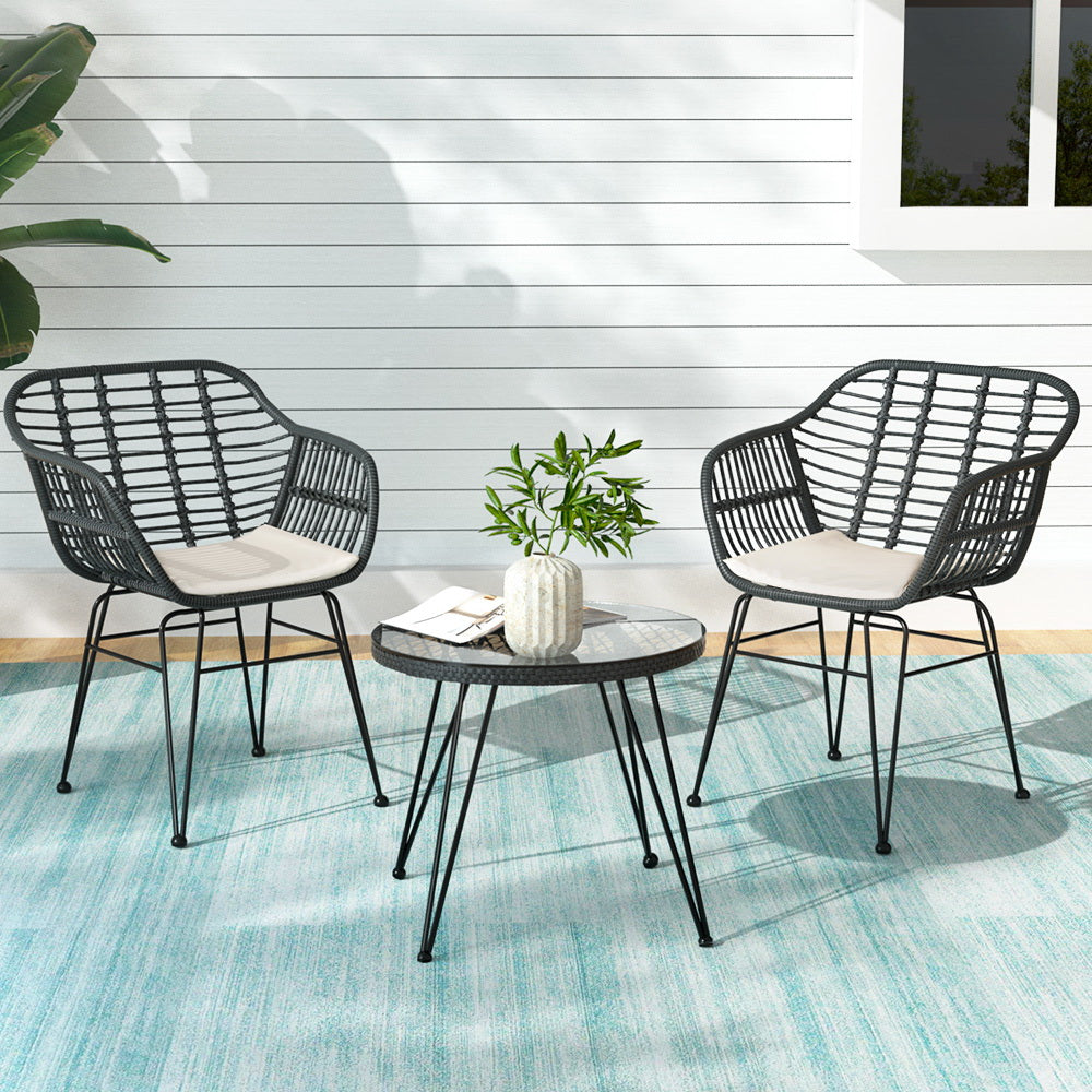 3PC Wicker Outdoor Bistro Table & Chair Set - Charcoal