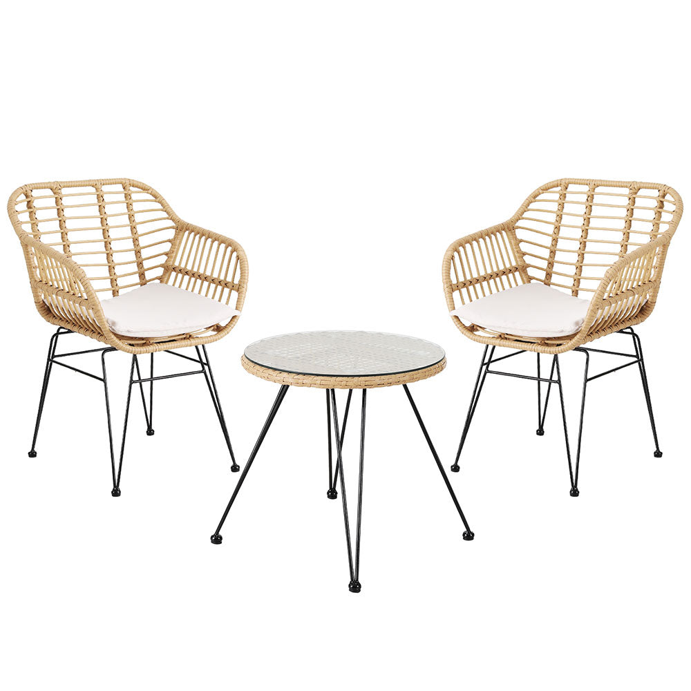 3PC Wicker Outdoor Bistro Table & Chair Set - Natural