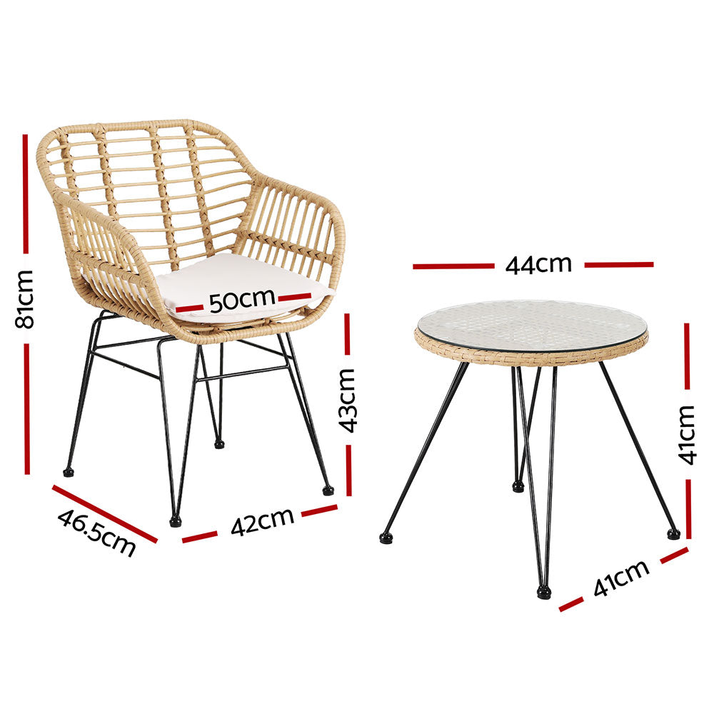 3PC Wicker Outdoor Bistro Table & Chair Set - Natural