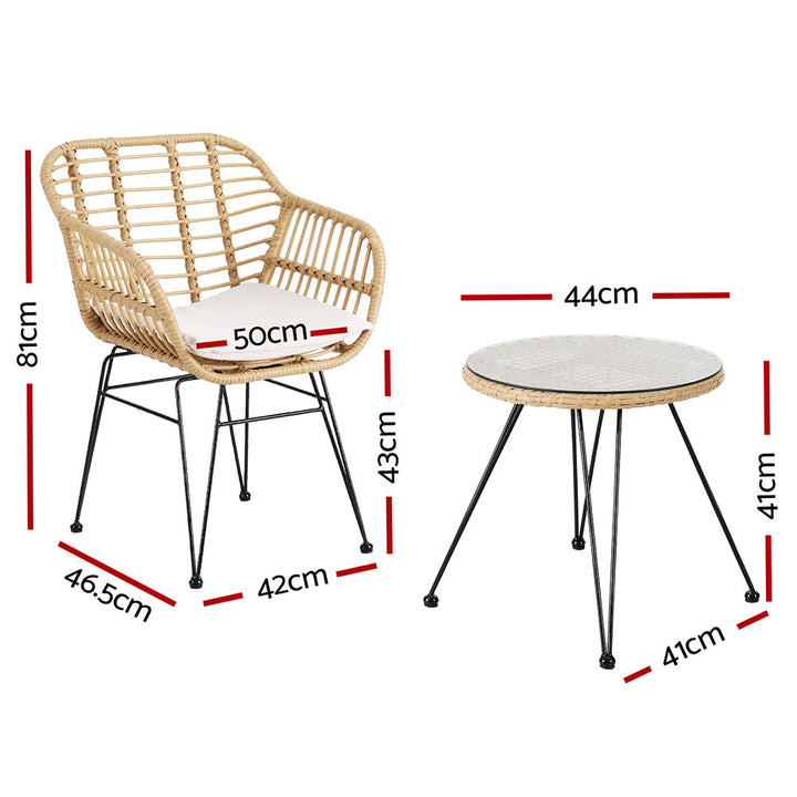 3PC Wicker Outdoor Bistro Table & Chair Set - Natural