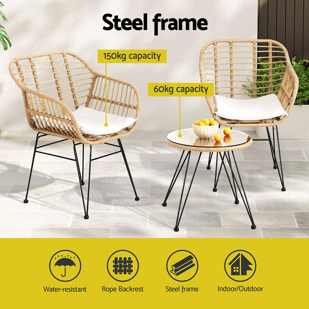 3PC Wicker Outdoor Bistro Table & Chair Set - Natural - Homecoze