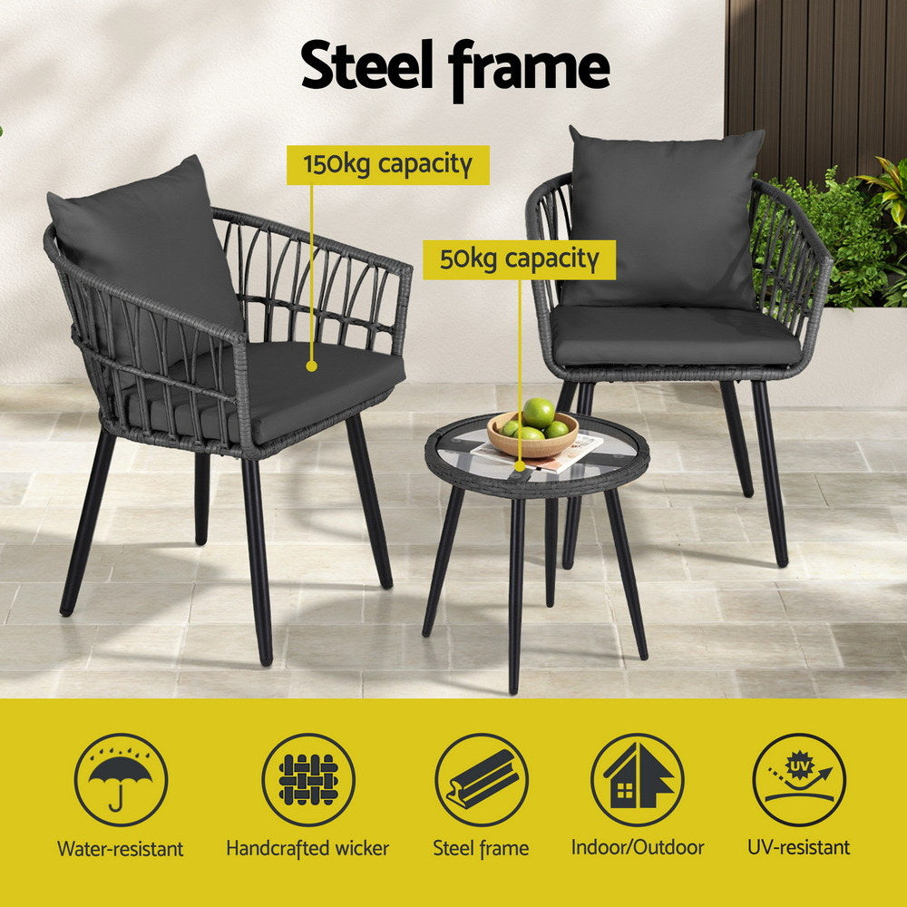 3PC Wicker Outdoor Bistro Set - Grey - Homecoze