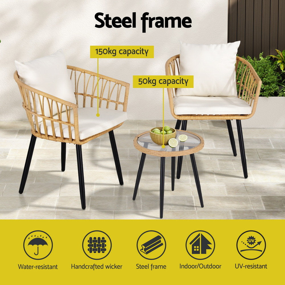Gardeon 3PC Outdoor Bistro Set Patio Furniture Lounge Setting Table and Chairs Natural - Homecoze