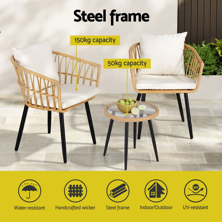 Gardeon 3PC Outdoor Bistro Set Patio Furniture Lounge Setting Table and Chairs Natural - Homecoze