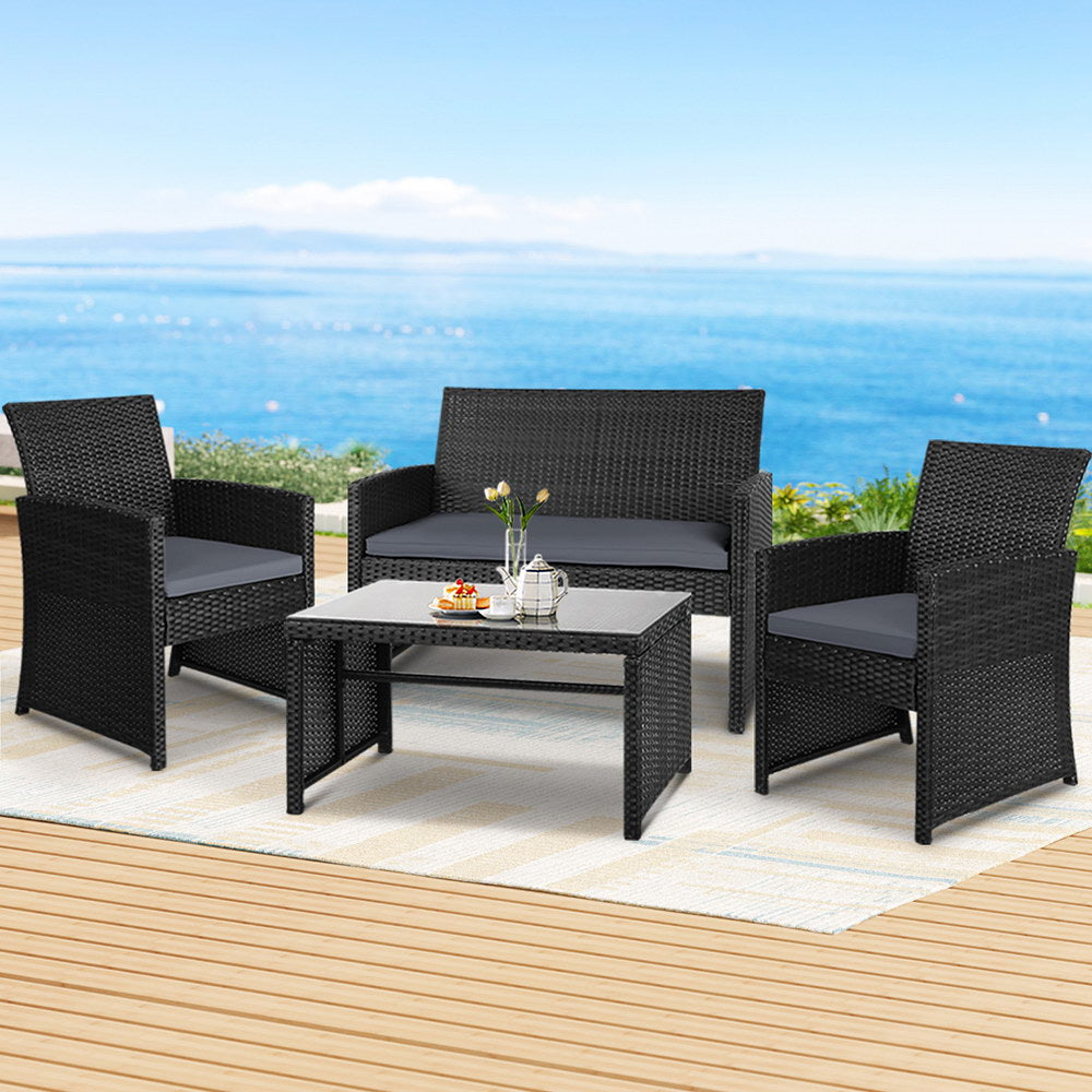 4 Piece Outdoor Wicker Table & Chairs Set - Black - Homecoze