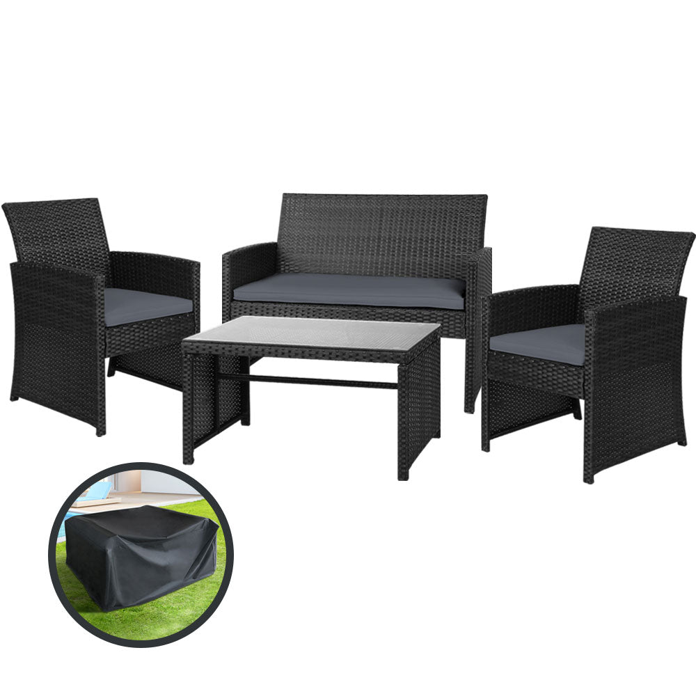 4 Piece Wicker Outdoor Patio Table & Chair Set with Storage Cover - Black - Homecoze
