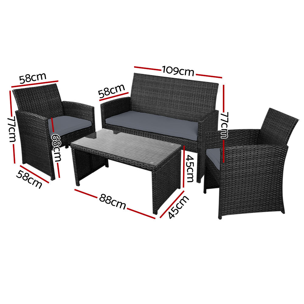 4 Piece Wicker Outdoor Patio Table & Chair Set with Storage Cover - Black - Homecoze