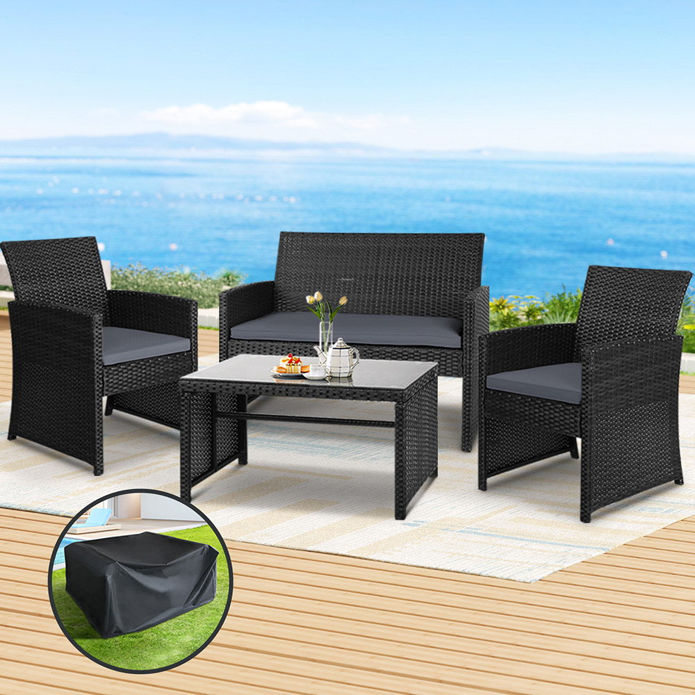 4 Piece Wicker Outdoor Patio Table & Chair Set with Storage Cover - Black - Homecoze