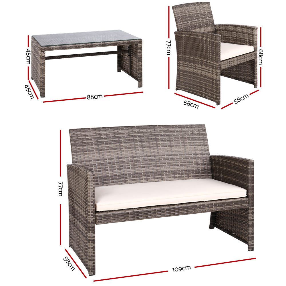 4 Piece Wicker Outdoor Patio Table & Chair Set - Mixed Grey - Homecoze