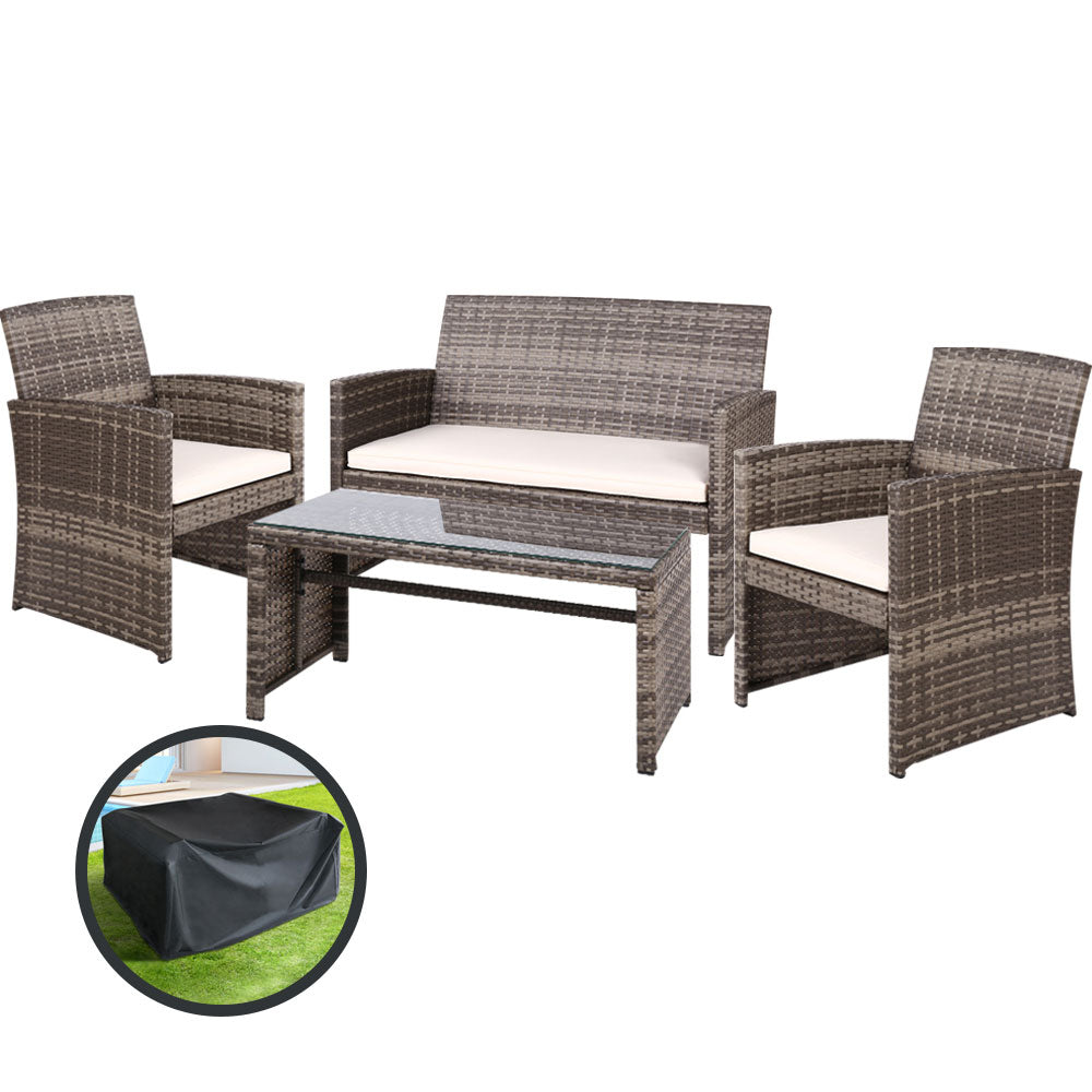 4 Piece Wicker Outdoor Patio Table & Chair Set with Storage Cover - Mixed Grey & Beige - Homecoze