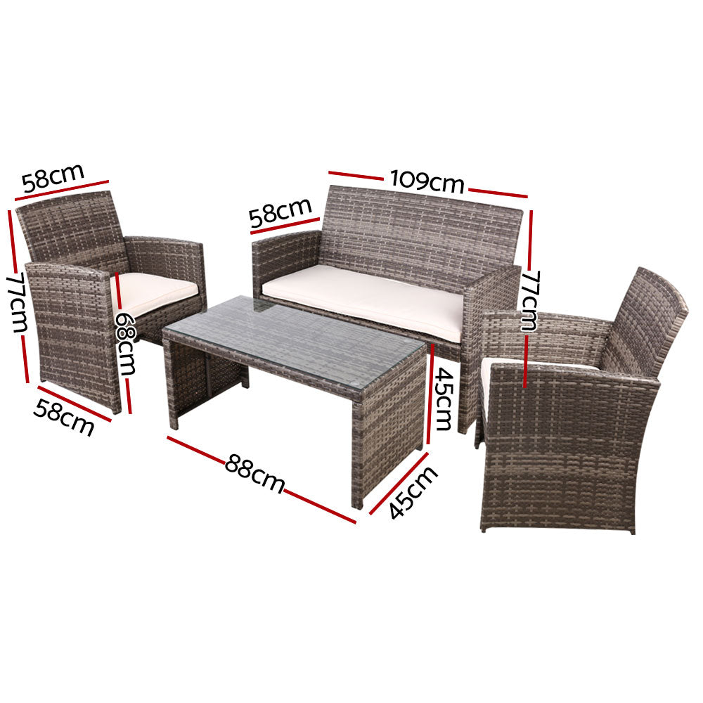 4 Piece Wicker Outdoor Patio Table & Chair Set with Storage Cover - Mixed Grey & Beige - Homecoze