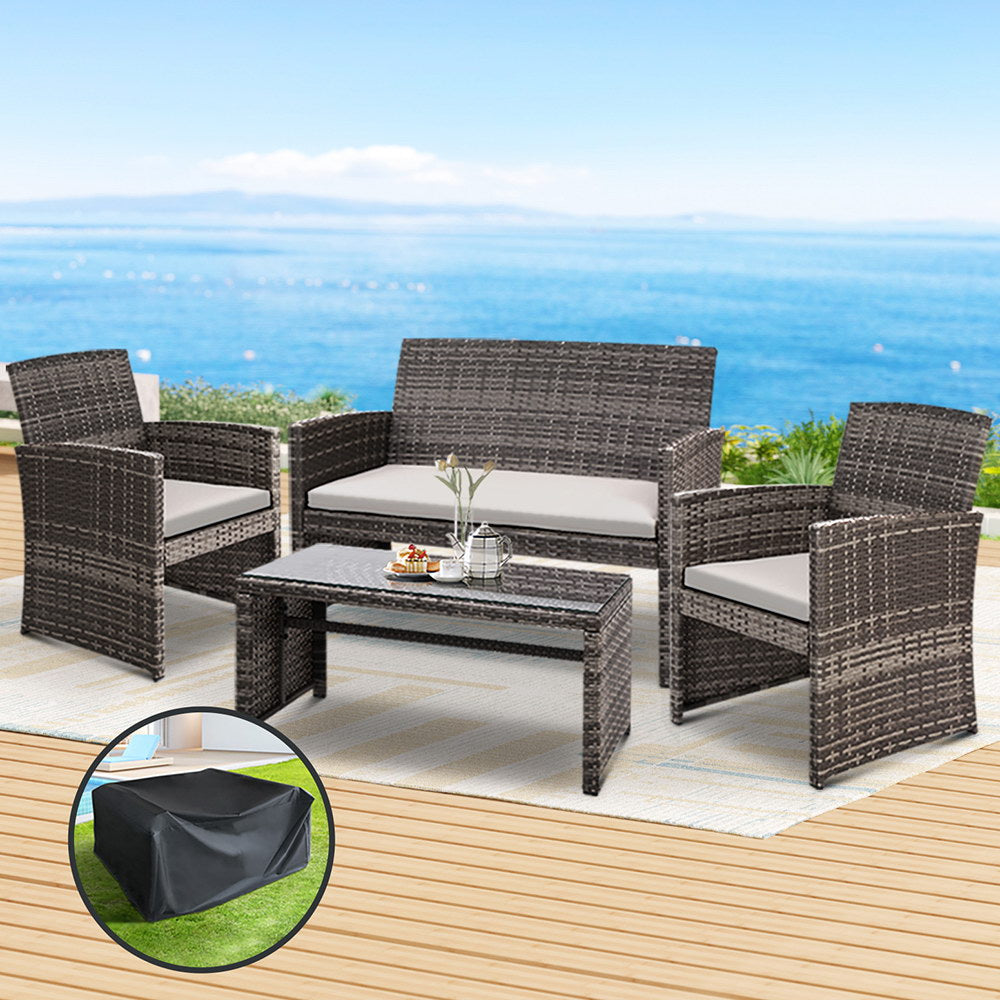4 Piece Wicker Outdoor Patio Table & Chair Set with Storage Cover - Mixed Grey & Beige - Homecoze
