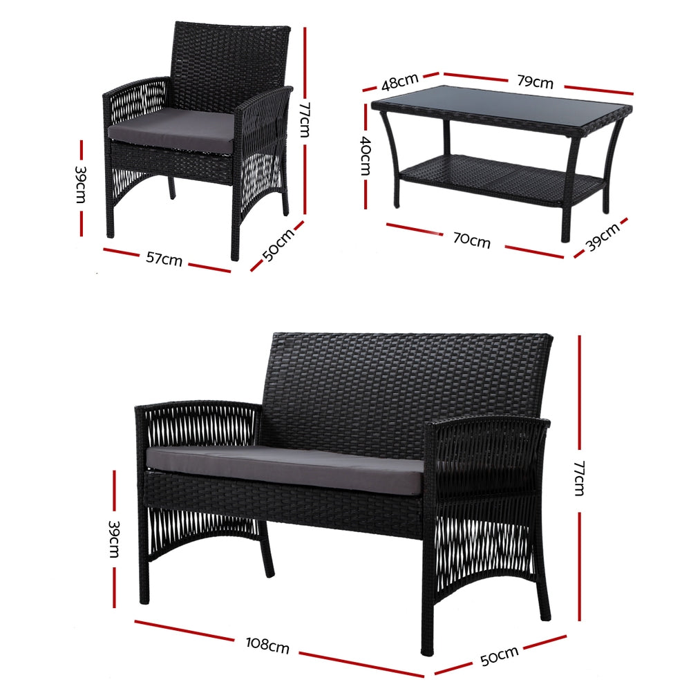 4 Piece Harp Style Wicker Outdoor Furniture Set - Black - Homecoze